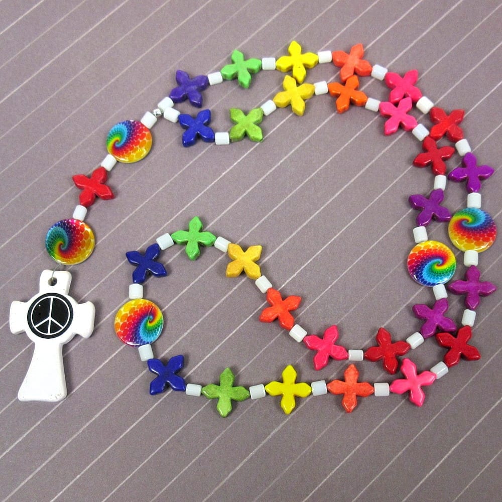 Rainbow Peace Cross Prayer Beads