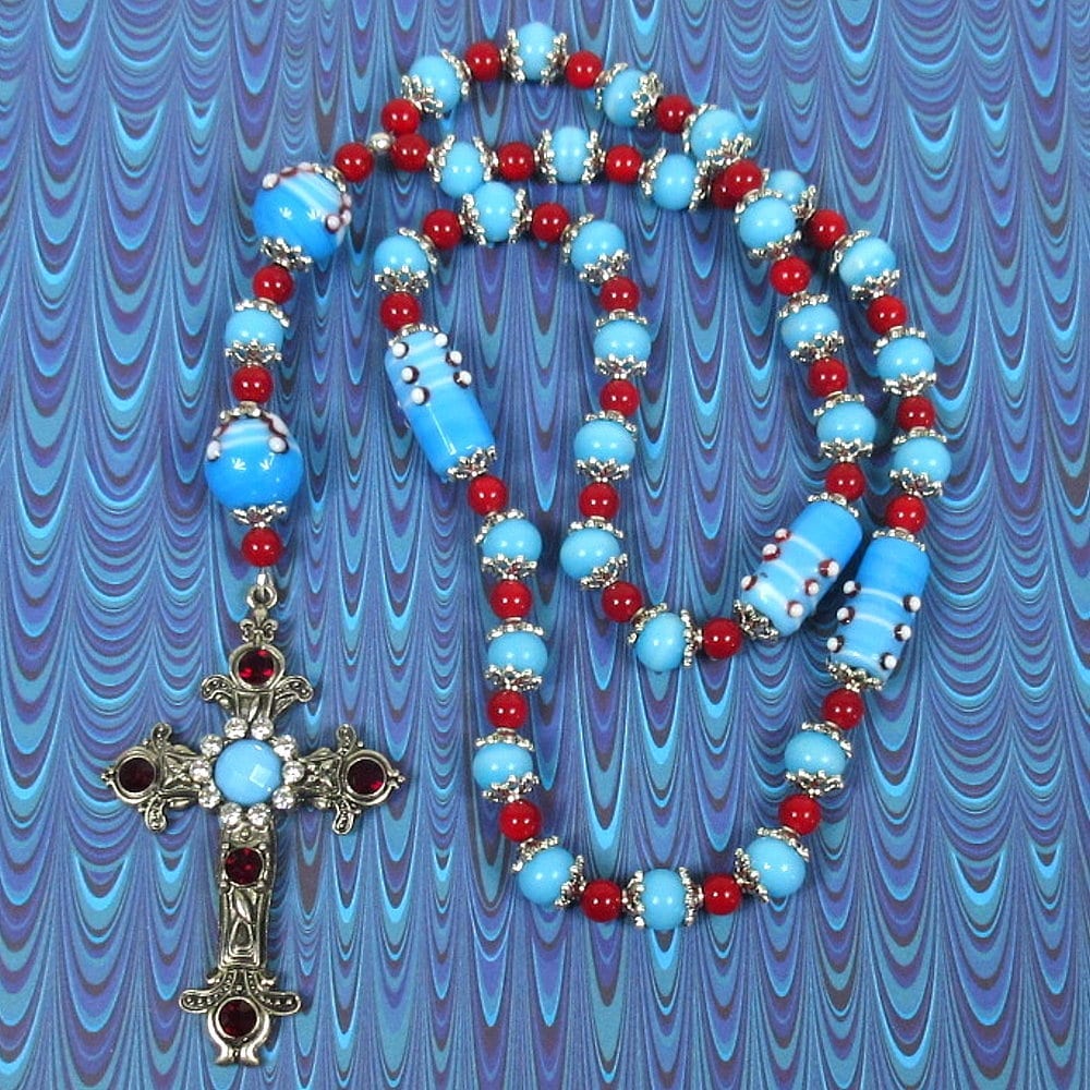 Red Blue Capped Prayer Beads