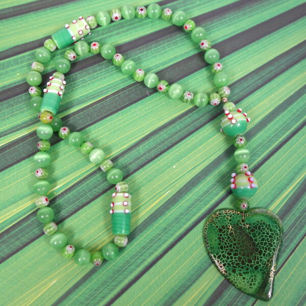 Green Millefiori Agate Heart Prayer Bead Necklace