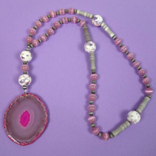 Pink Gray Agate Prayer Bead Necklace