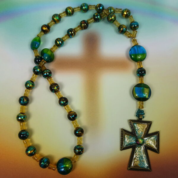 Gold Foiled Aqua Prayer Bead Necklace