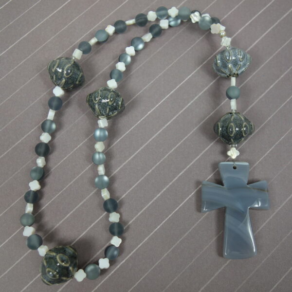 Gray White Shell Crosses Prayer Beads