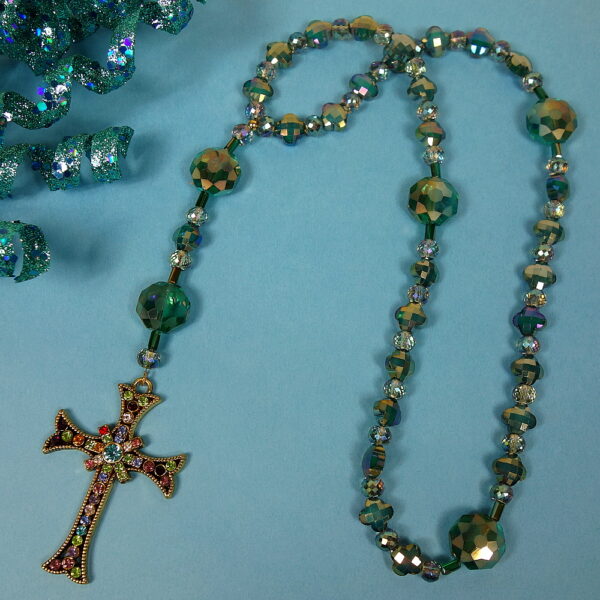Aqua Faceted Crosses Prayer Bead Necklace