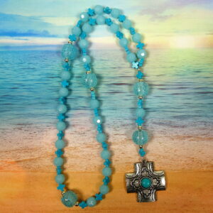Aqua Crosses Prayer Bead Necklace